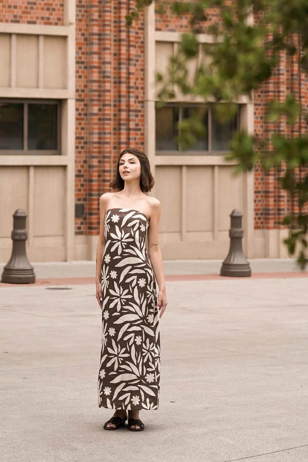 Rhea Strapless Midi Linen Dress In Brown