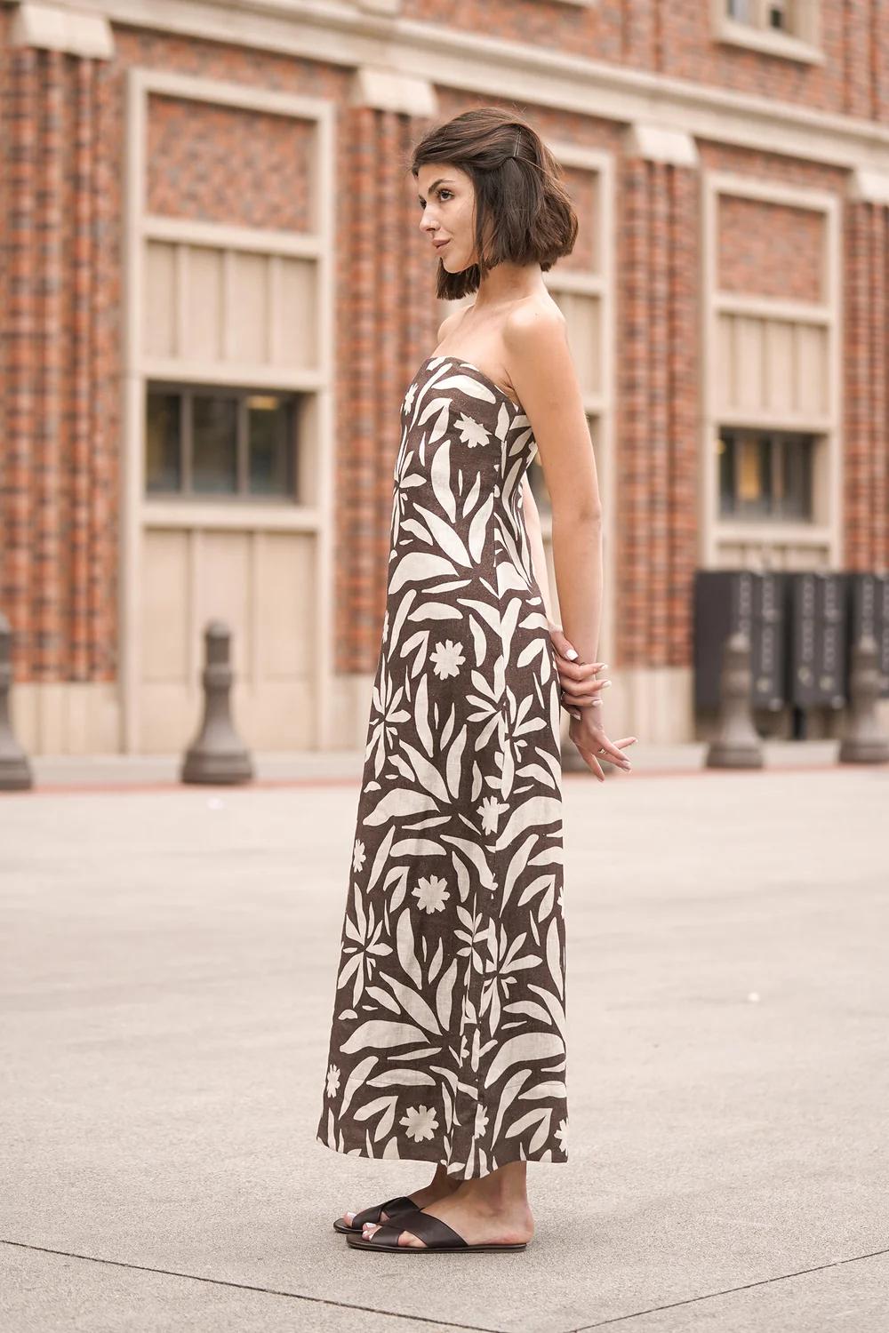 Rhea Strapless Midi Linen Dress In Brown