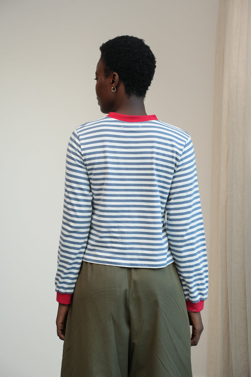 Sierra-Sue Organic Cotton Jersey Stripe Top in Pewter & Off White Stripe