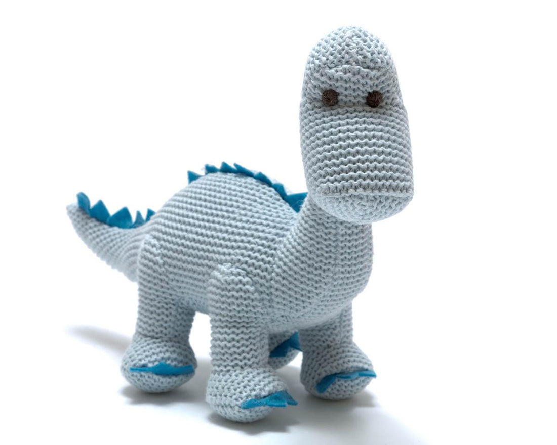 Knitted Organic Cotton Blue Diplodocus Dinosaur Baby Rattle