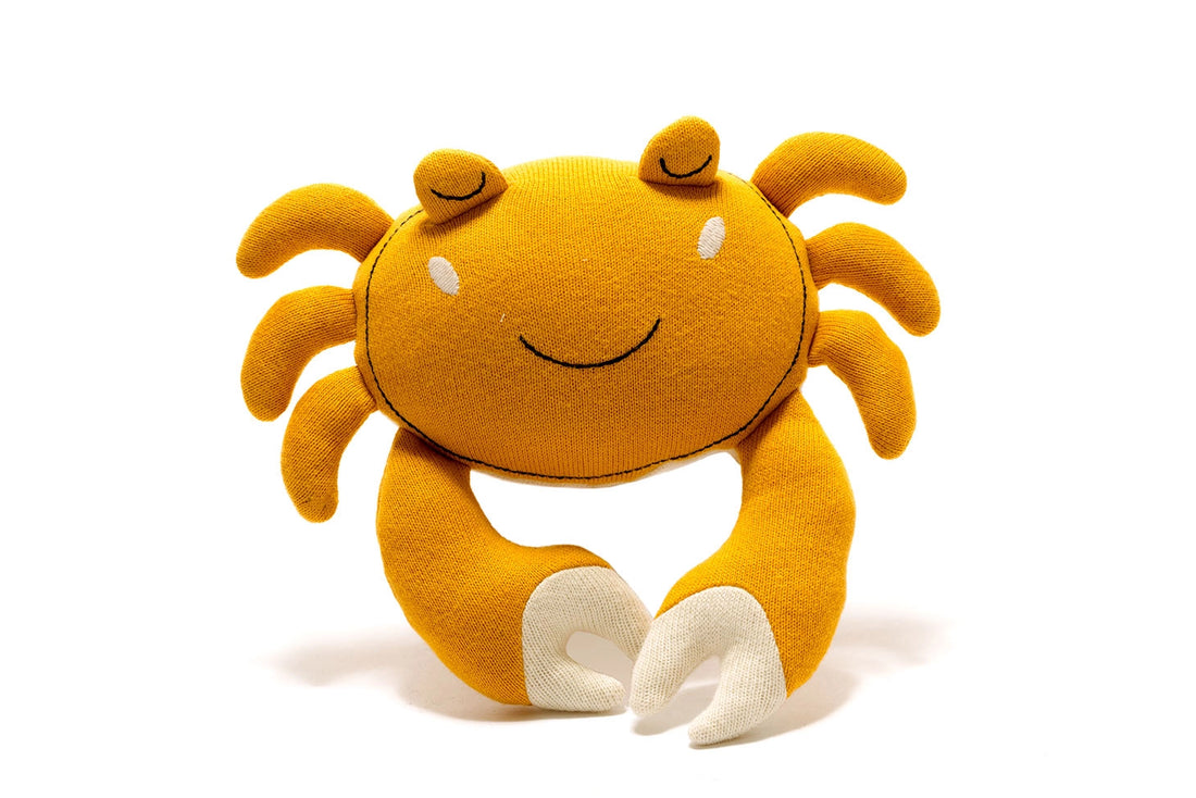 Tactile Crab Plush Toy Knitted Organic Cotton in Mustard