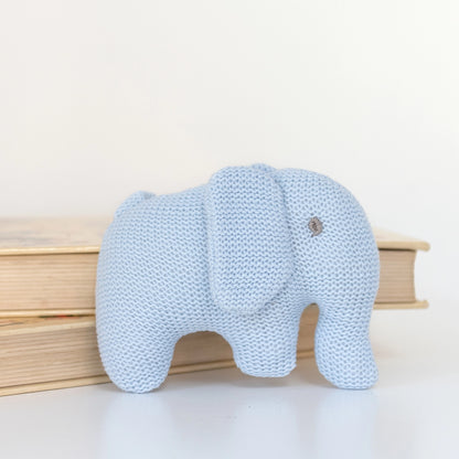 Knitted Pink Elephant Baby Rattle Organic Cotton Blue