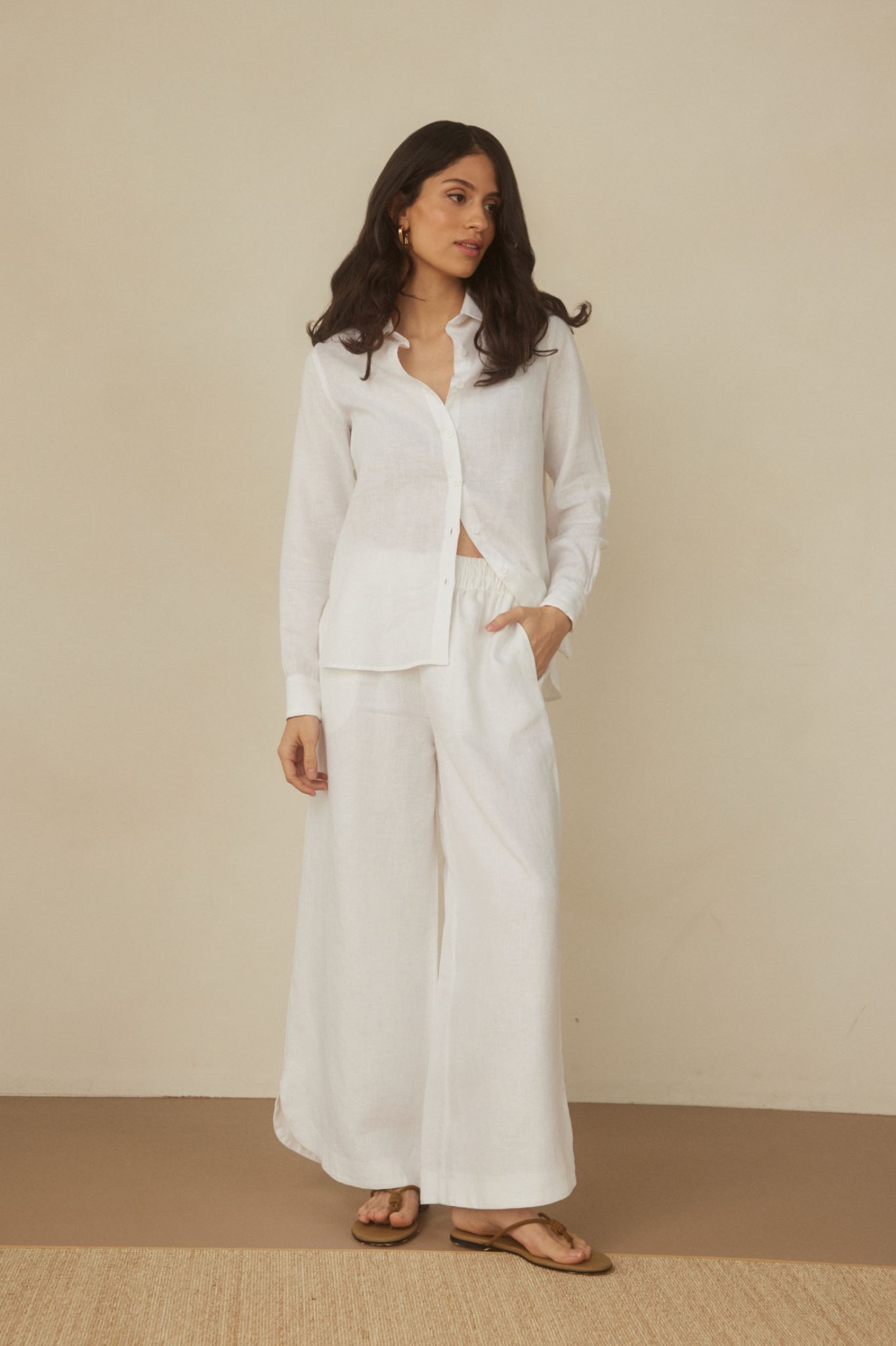 Scalloped Linen Pant - White
