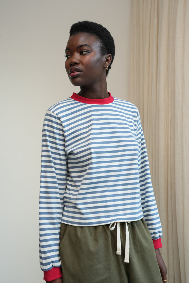 Sierra-Sue Organic Cotton Jersey Stripe Top in Pewter &amp; Off White Stripe