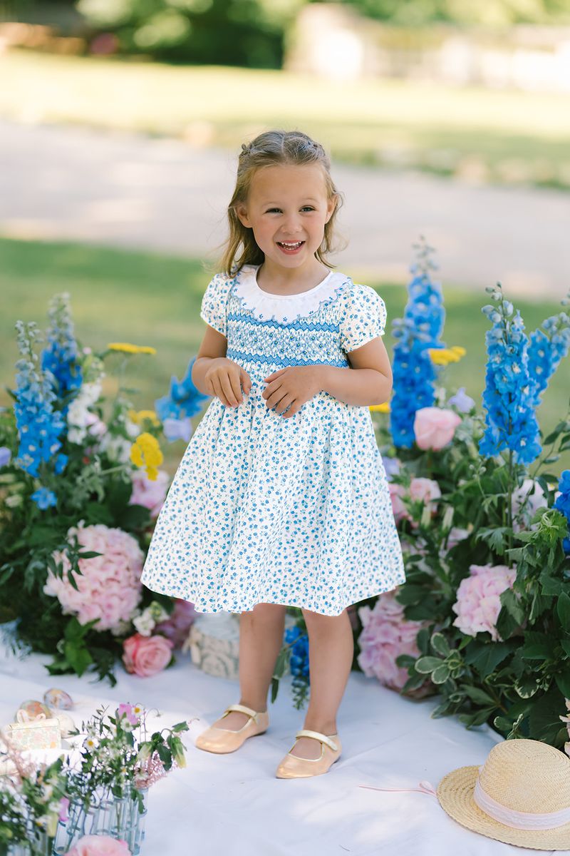 Isadora Floral Blue Short Puff Empire Dress