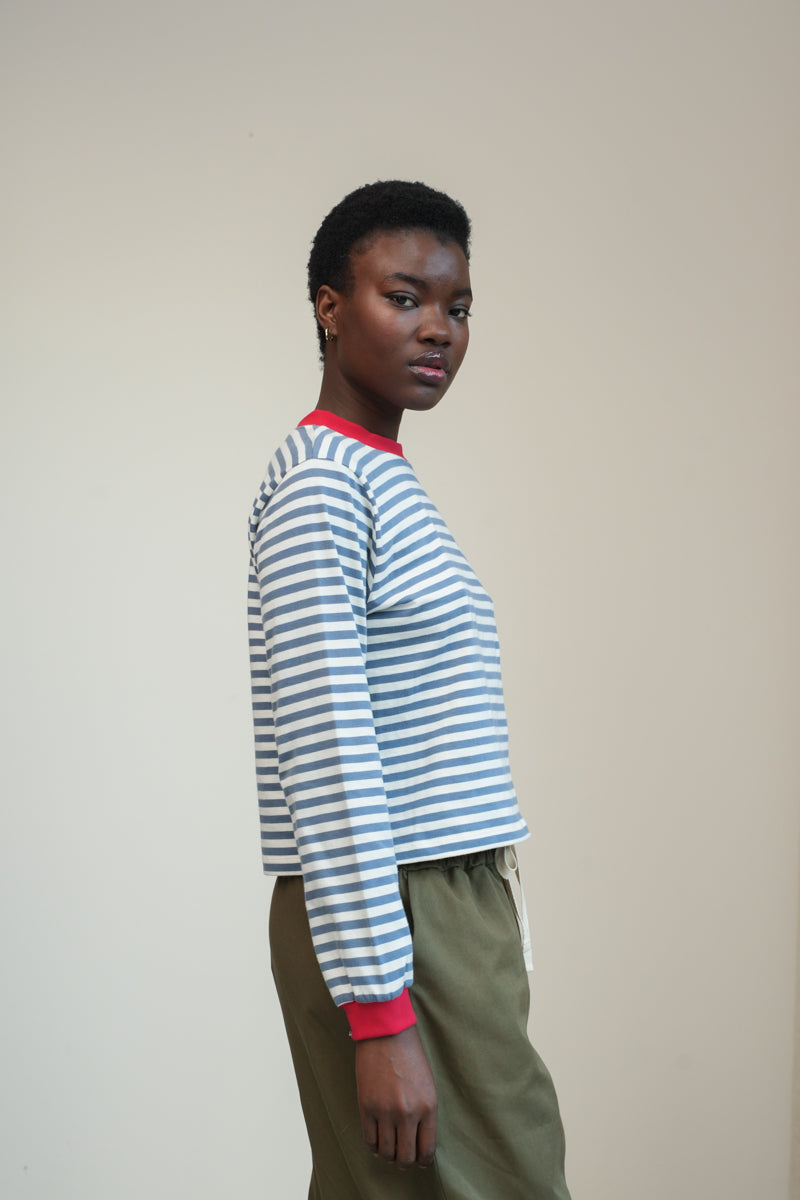 Sierra-Sue Organic Cotton Jersey Stripe Top in Pewter &amp; Off White Stripe