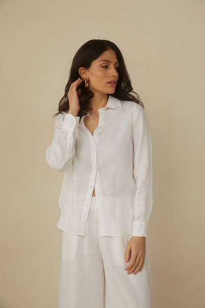Scalloped Linen Pant - White