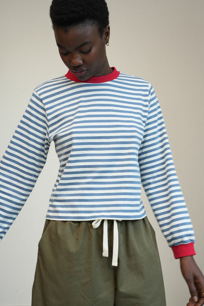 Sierra-Sue Organic Cotton Jersey Stripe Top in Pewter &amp; Off White Stripe