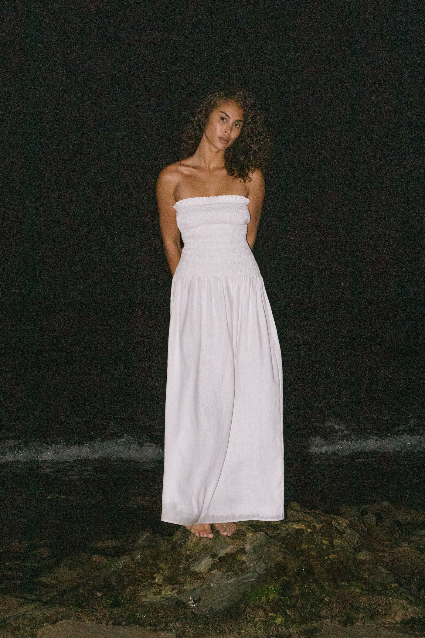 Elle Strapless Smocked Linen Dress