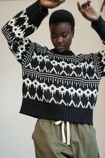 Leo-Sue Organic Cotton Knitted Jumper in Black Fairisle