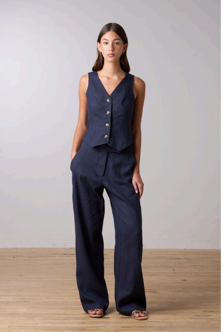 Tailored Linen Vest - Navy