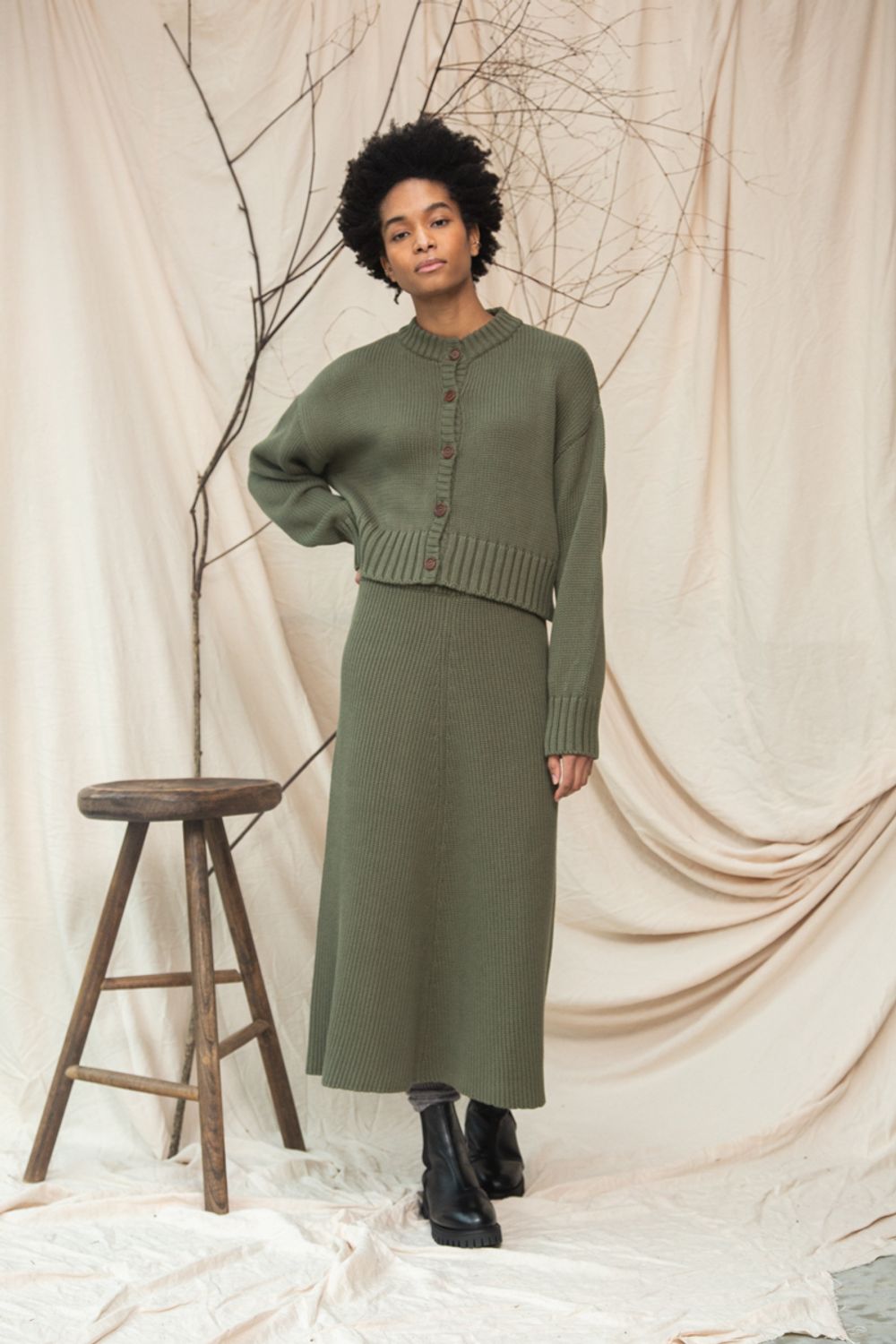 Sugi Organic Cotton Knitted Cardigan in Soft Khaki