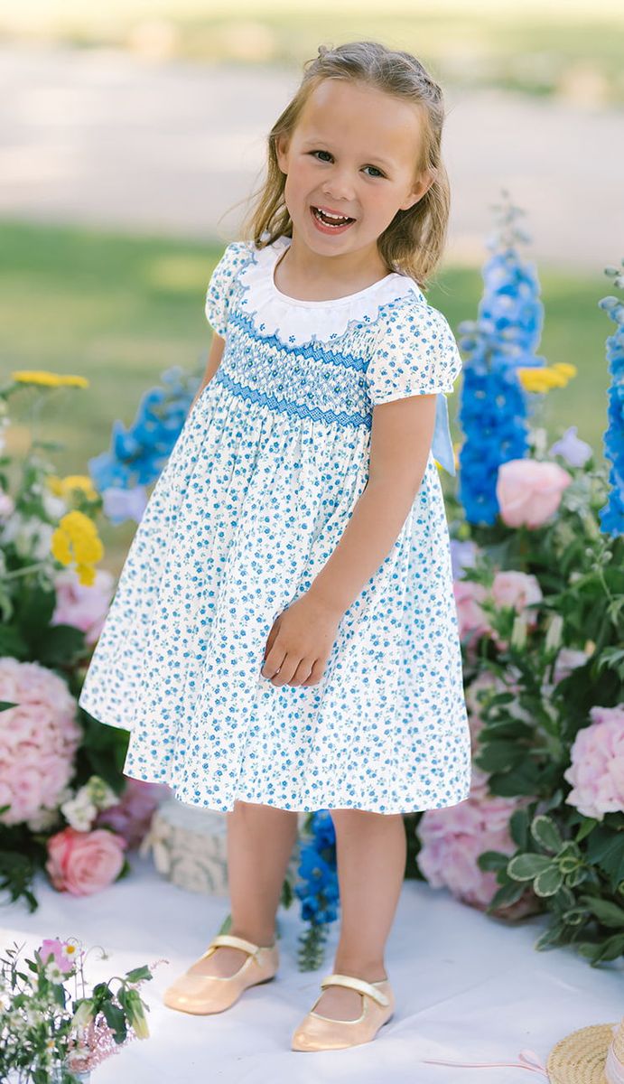 Isadora Floral Blue Short Puff Empire Baby Dress