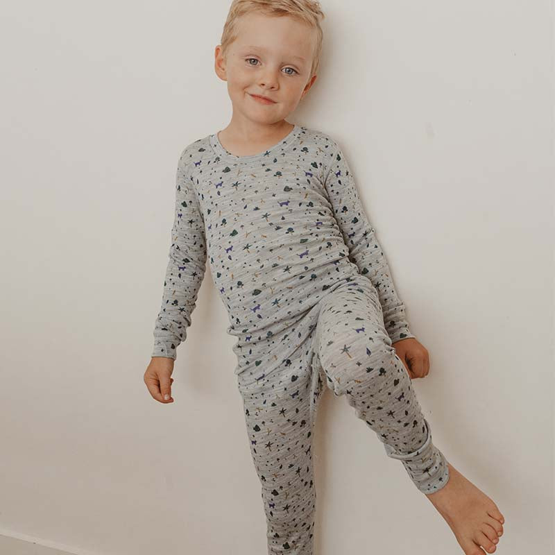 Merino Wool Layer Set Pyjamas Forest Print Grey Marle