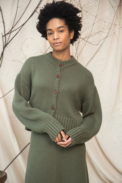 Sugi Organic Cotton Knitted Cardigan in Soft Khaki