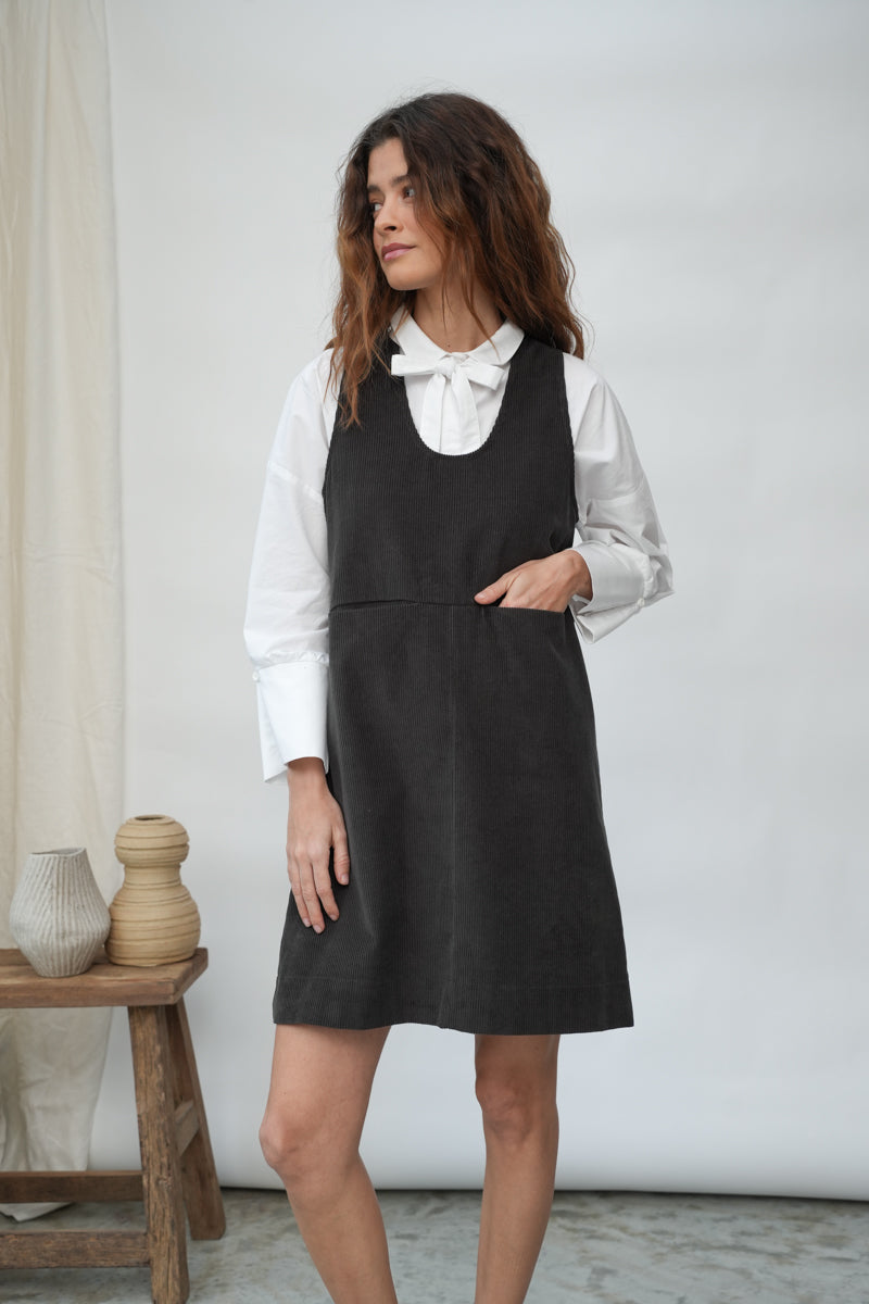 Willow Organic Cotton Corduroy Dress in Charcoal