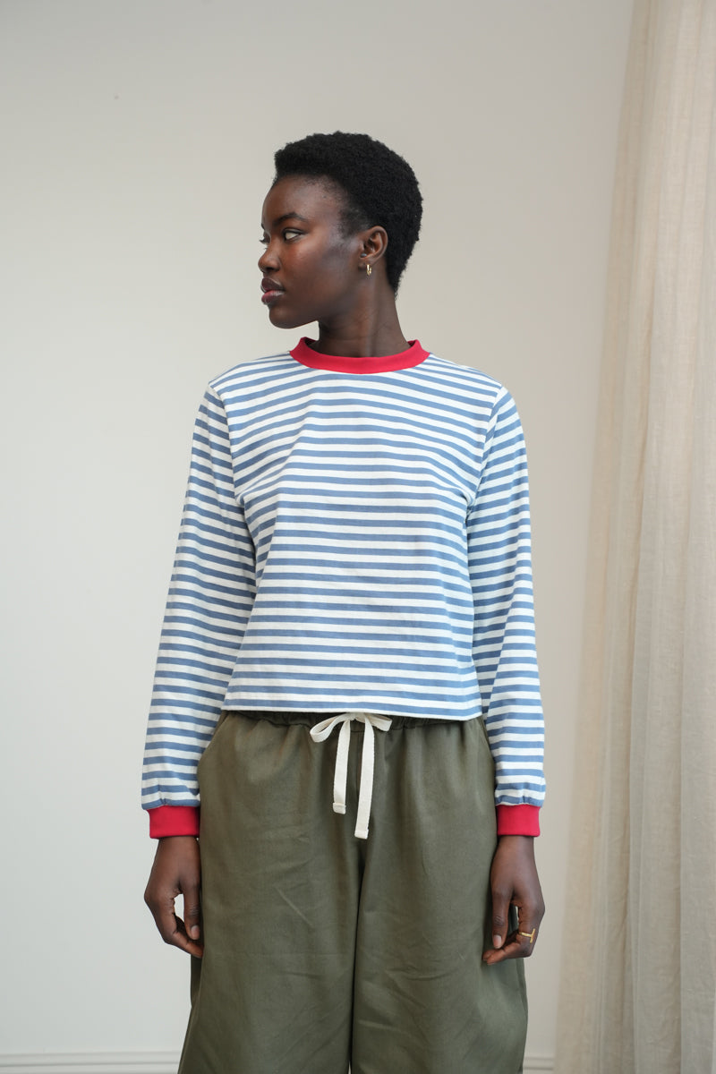 Sierra-Sue Organic Cotton Jersey Stripe Top in Pewter &amp; Off White Stripe