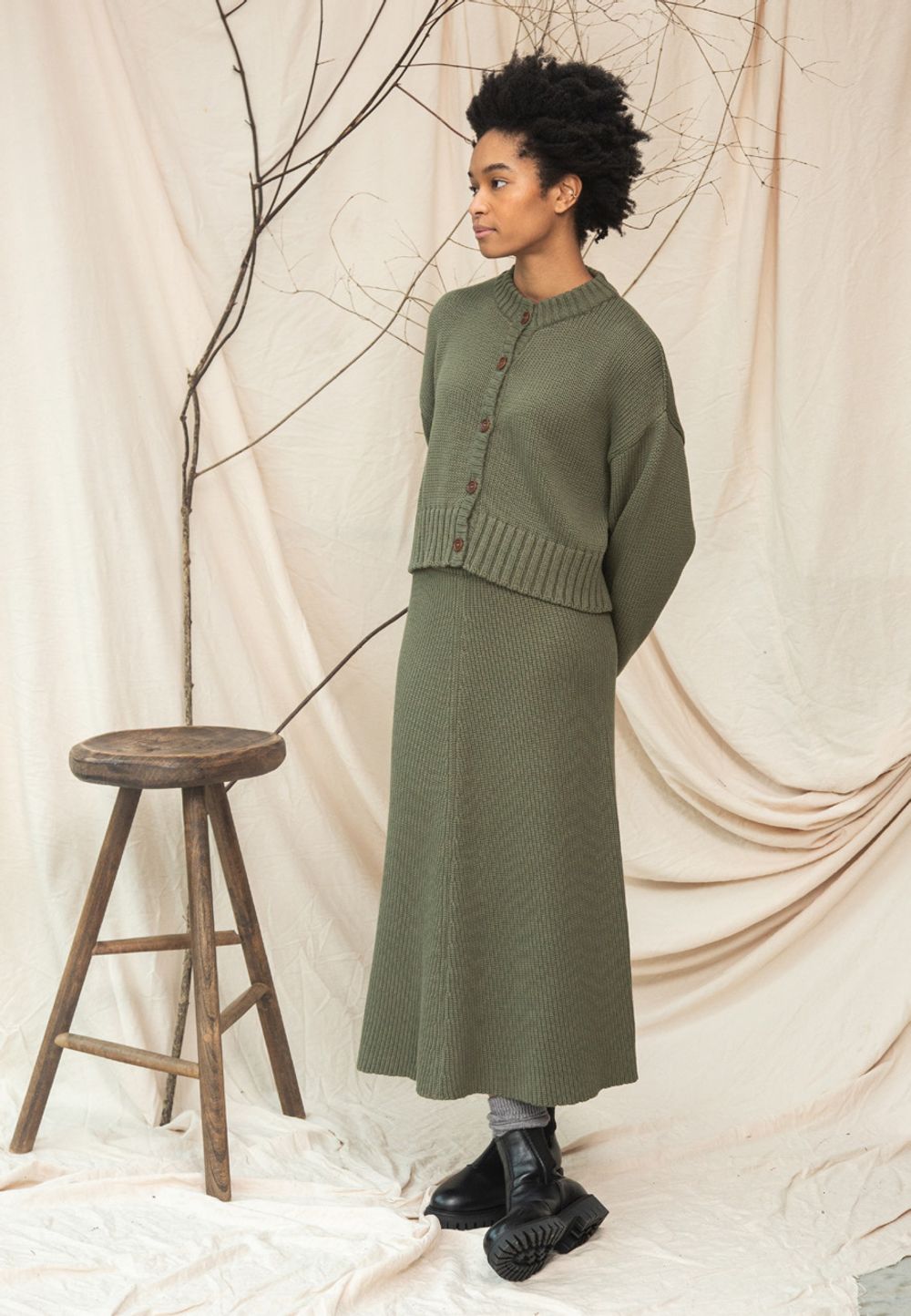 Mio Organic Cotton Knitted Skirt in Soft Khaki